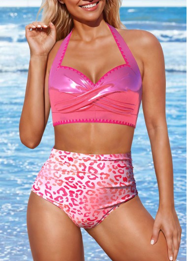 ROTITA Hot Stamping Pink Leopard Bikini Set