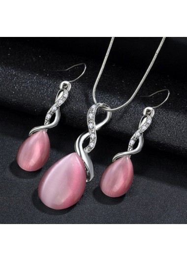 Pink Waterdrop Rhinestone Alloy Earrings and Necklace