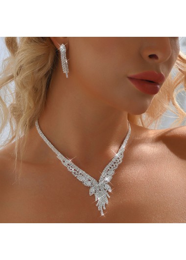 Rhinestone Tassel Silvery White Earrings and Necklace