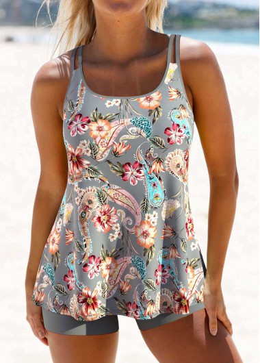 ROTITA Patchwork Grey Paisley Print Tankini Set