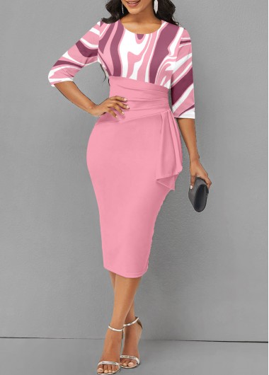 ROTITA Asymmetry Geometric Print Light Pink Round Neck Dress