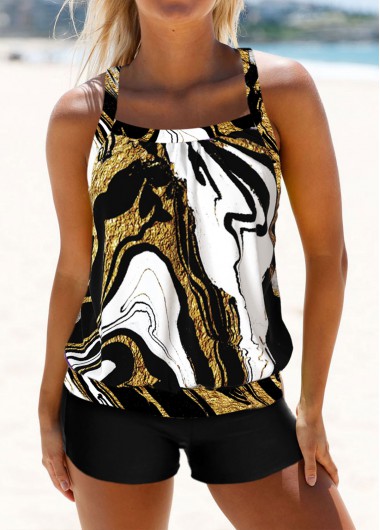 ROTITA Patchwork Black Marble Print Tankini Top