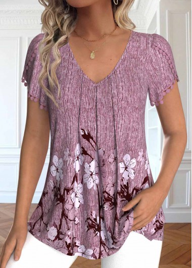 ROTITA Embroidery Floral Print Dark Reddish Purple T Shirt