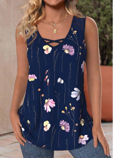 ROTITA Lace Floral Print Navy V Neck Sleeveless Tank Top