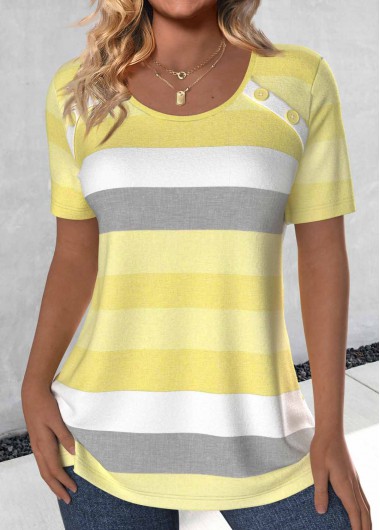 ROTITA Button Striped Light Yellow Round Neck T Shirt