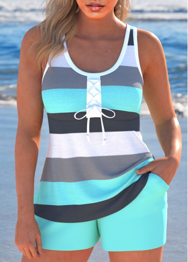 ROTITA Bowknot Cyan Patchwork Striped Tankini Set