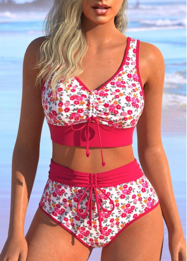 ROTITA Ruched Hot Pink Ditsy Floral Print Bikini Set