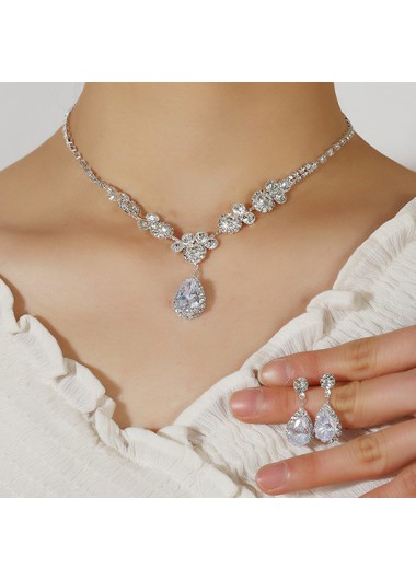 Silvery White Teardrop Design Artificial Zircon Earring Set