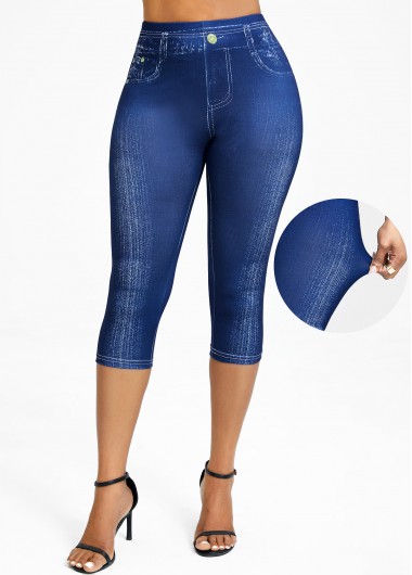 Denim-effect Print Denim Blue High Waisted Elastic Waist Leggings