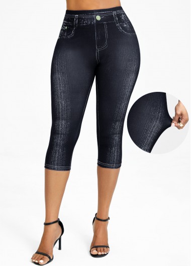 Denim-effect Print Black High Waisted Elastic Waist Capri Leggings