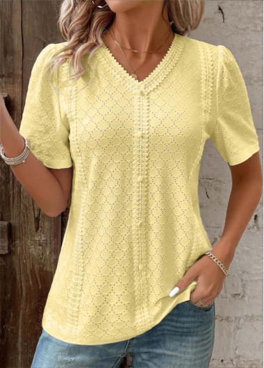 ROTITA Patchwork Light Yellow V Neck Short Sleeve T Shirt