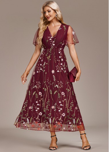ROTITA Embroidery Wine Red V Neck Short Sleeve Dress