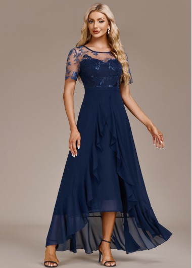 ROTITA Mesh Navy High Low Round Neck Short Sleeve Dress