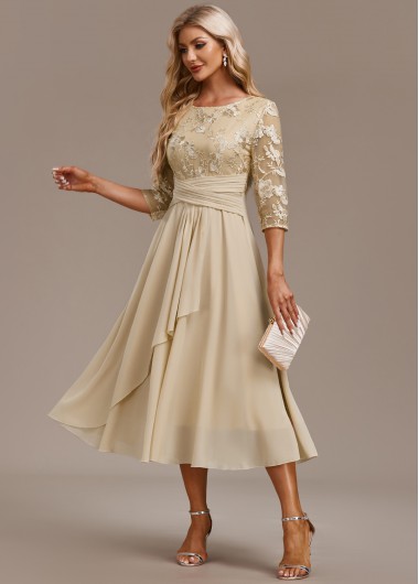 ROTITA Embroidery Champagne Round Neck 3/4 Sleeve Dress