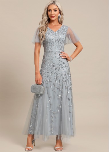 ROTITA Embroidery Light Grey Maxi V Neck Short Sleeve Dress