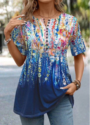 Button Graffiti Print Dark Blue Round Neck T Shirt