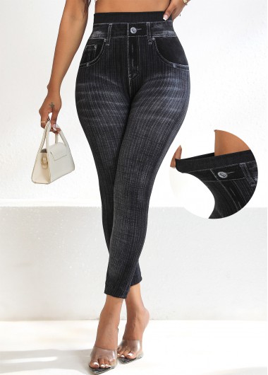 Denim-effect Print Black High Waisted Elastic Waist Leggings