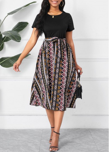 Patchwork Tribal Print Black Belted Round Neck Dress