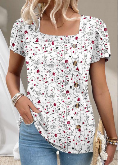 ROTITA Button Ditsy Floral Print White Square Neck T Shirt