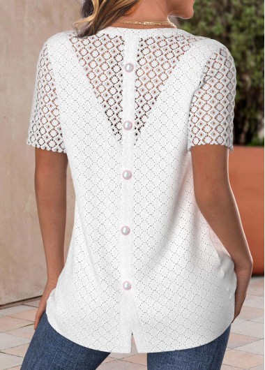 ROTITA Lace White Round Neck Short Sleeve T Shirt