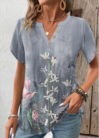 ROTITA Patchwork Floral Print Grey Split Neck T Shirt
