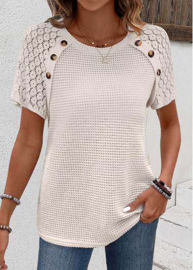 ROTITA Patchwork Beige Round Neck Short Sleeve T Shirt