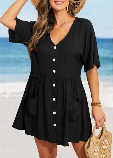 Button V Neck Black Cover Up