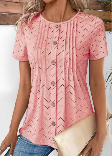 ROTITA Tuck Stitch Light Pink Round Neck T Shirt