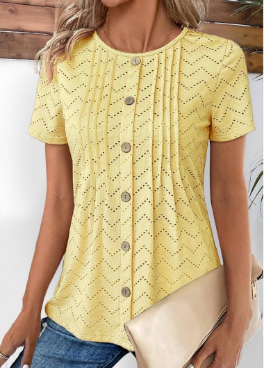 ROTITA Tuck Stitch Light Yellow Round Neck T Shirt