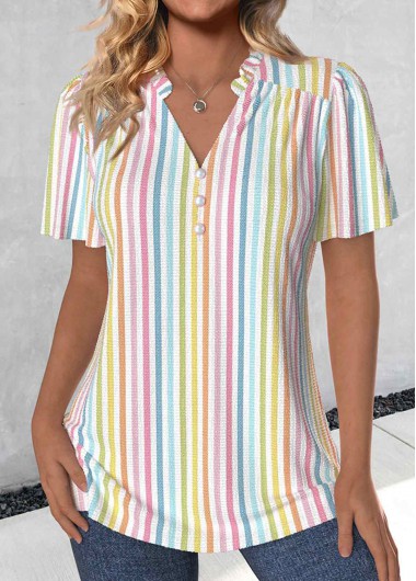 ROTITA Frill Striped Multi Color V Neck Short Sleeve Blouse