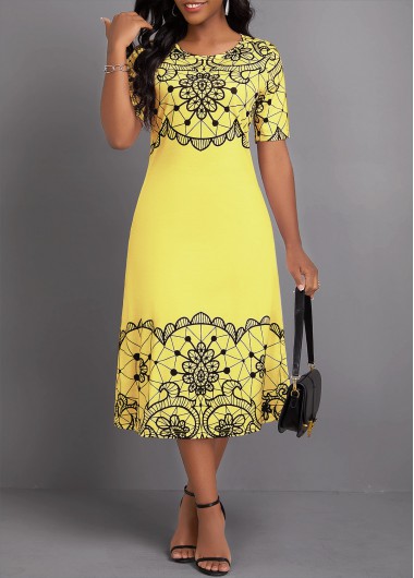 ROTITA Geometric Print Light Yellow Round Neck Short Sleeve Dress