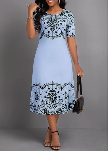 ROTITA Geometric Print Light Blue Round Neck Short Sleeve Dress