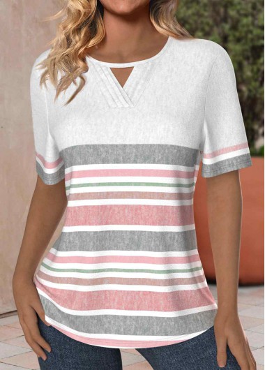 ROTITA Tuck Stitch Striped Light Pink Round Neck T Shirt