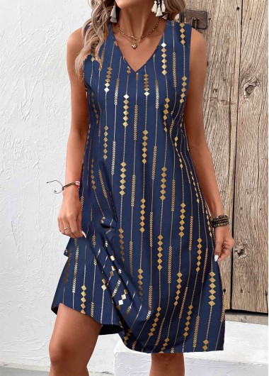 ROTITA Hot Stamping Geometric Print Blue A Line Sleeveless Dress