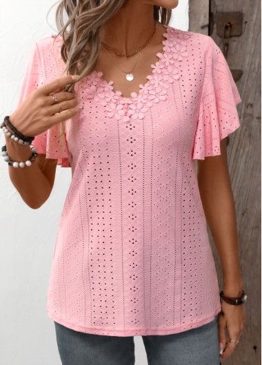 Patchwork Light Pink V Neck Short Sleeve T Shirt