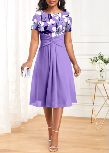 ROTITA Ruched Floral Print Light Purple Round Neck Dress