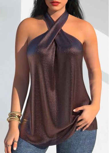 ROTITA Hot Stamping Dark Coffee Halter Sleeveless Tank Top