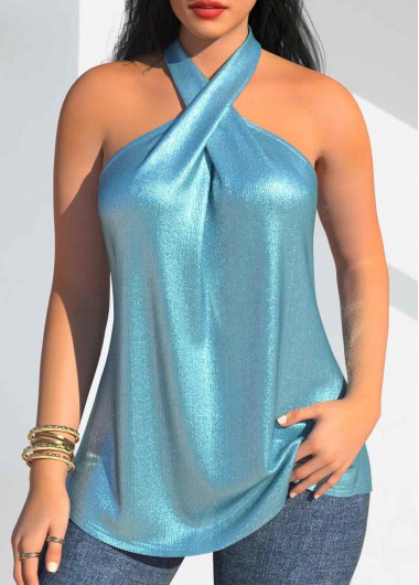 ROTITA Hot Stamping Light Blue Halter Sleeveless Tank Top