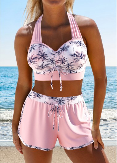 ROTITA Drawstring Light Pink Tropical Plants Print Bikini Set