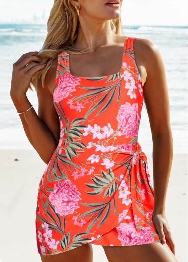 ROTITA Tie Orange Floral Print One Piece Swimdress