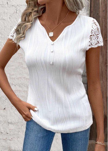 ROTITA Lace White V Neck Short Sleeve T Shirt