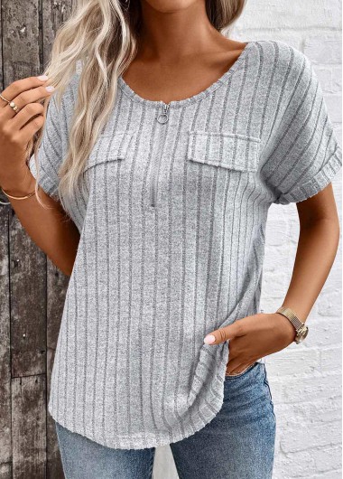 ROTITA Zipper Light Grey Marl V Neck Short Sleeve Blouse