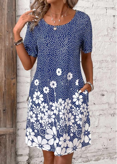 Pocket Floral Print Blue Short Round Neck Dress