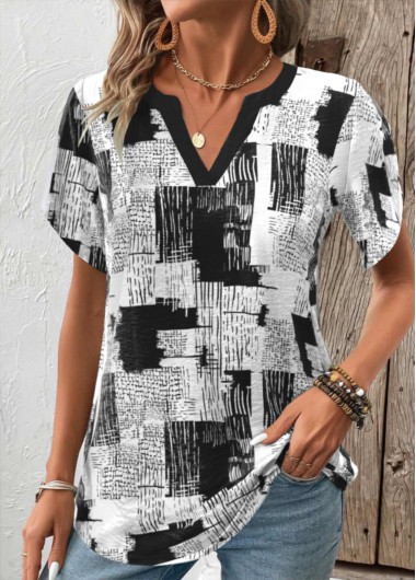 ROTITA Split Geometric Print Black Short Sleeve T Shirt