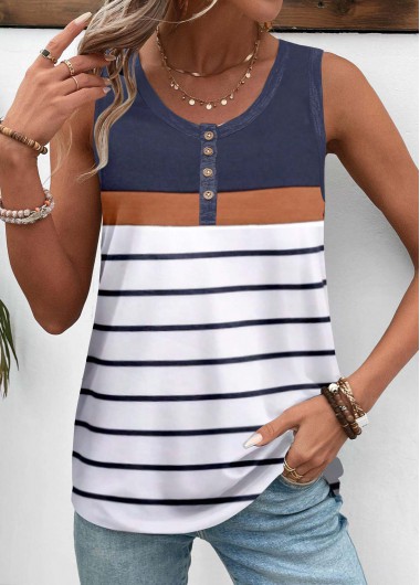 ROTITA Patchwork Striped White Round Neck Sleeveless Tank Top