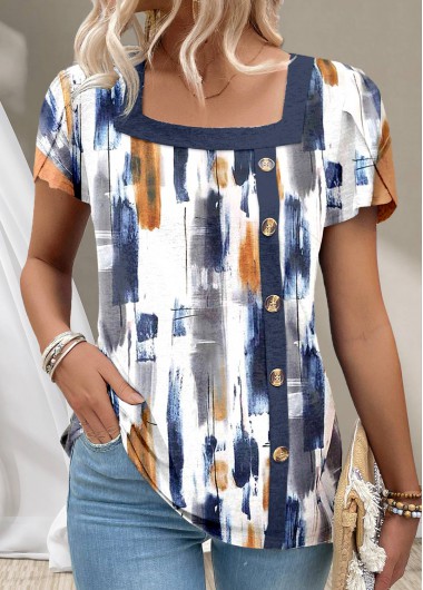 ROTITA Button Graffiti Print Navy Square Neck T Shirt