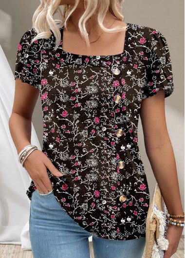 ROTITA Button Ditsy Floral Print Black Square Neck T Shirt