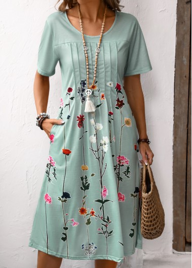 Pocket Floral Print Mint Green Scoop Neck Dress