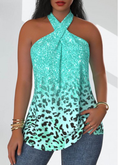 ROTITA Criss Cross Leopard Mint Green Sleeveless Tank Top