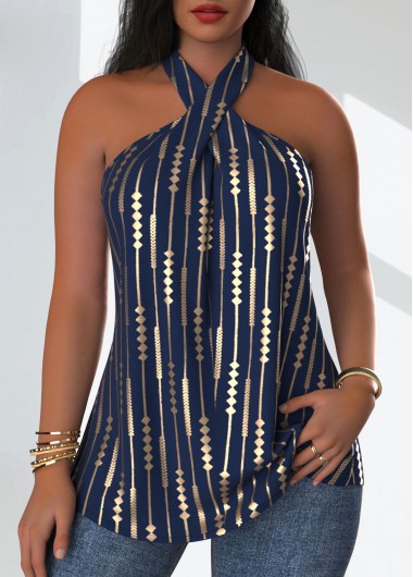 ROTITA Criss Cross Geometric Print Navy Sleeveless Tank Top
